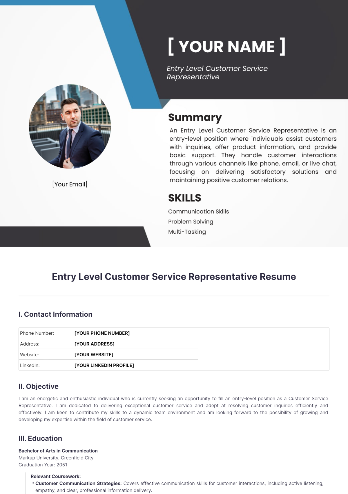 Entry Level Customer Service Representative Resume - Edit Online & Download