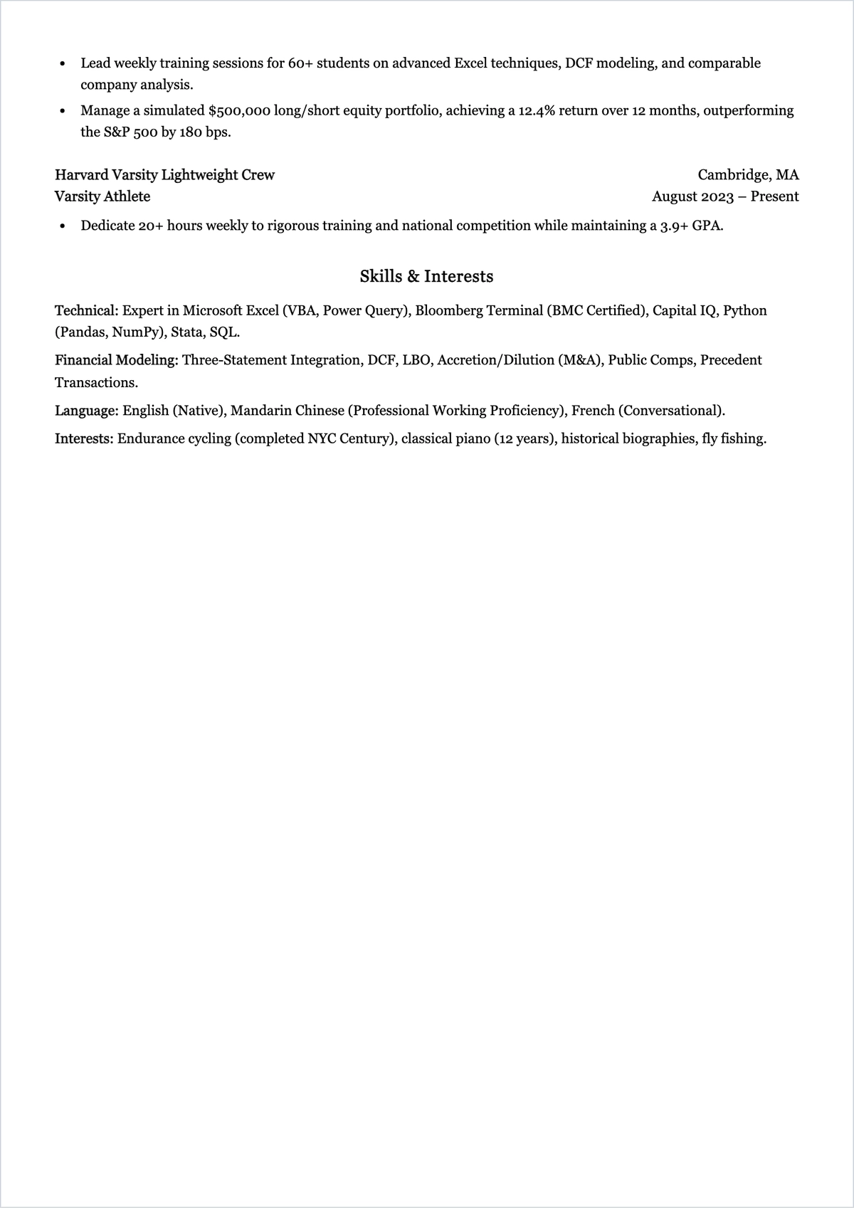 Free Harvard Finance Student ATS Resume Template, AI Resume Builder