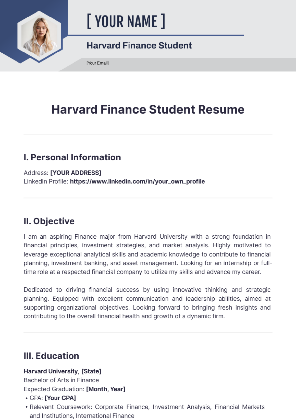 Harvard Finance Student Resume - Edit Online & Download