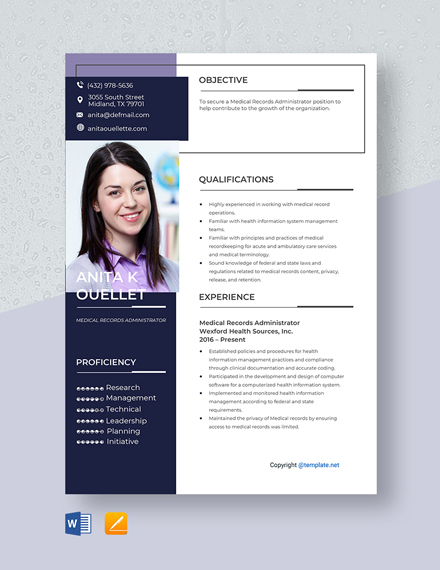 Medical Records Administrator Resume Template - Word, Apple Pages