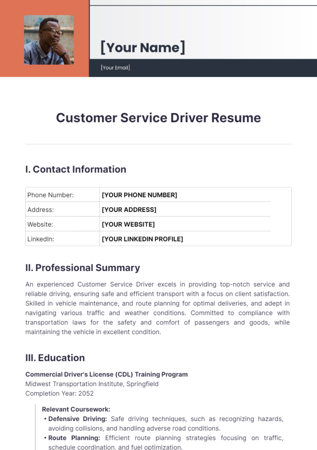 Customer Service Driver Resume - Edit Online & Download