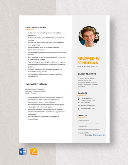 Medical Records Assistant Resume Template - Word, Apple Pages