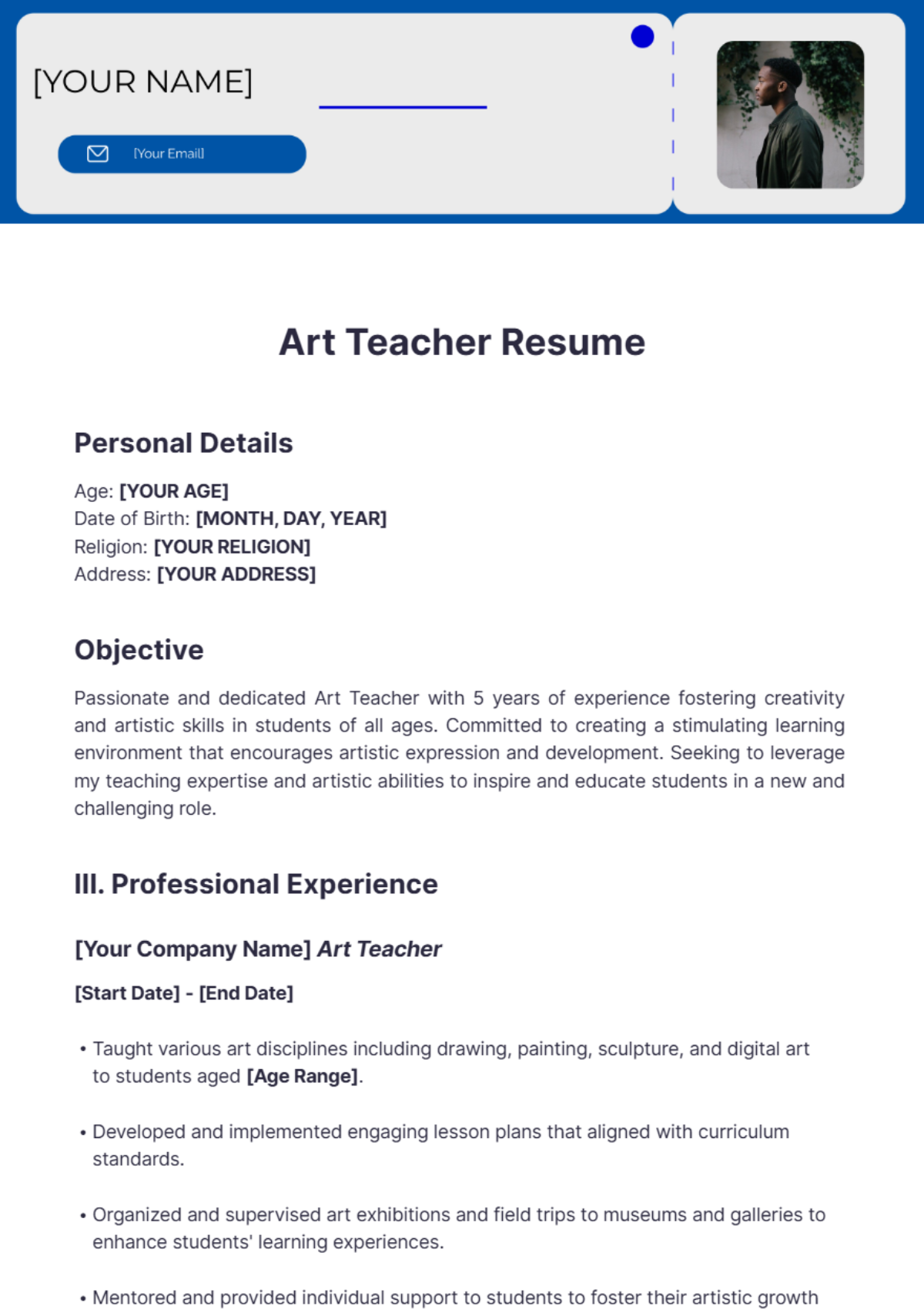 Art Teacher Resume - Edit Online & Download