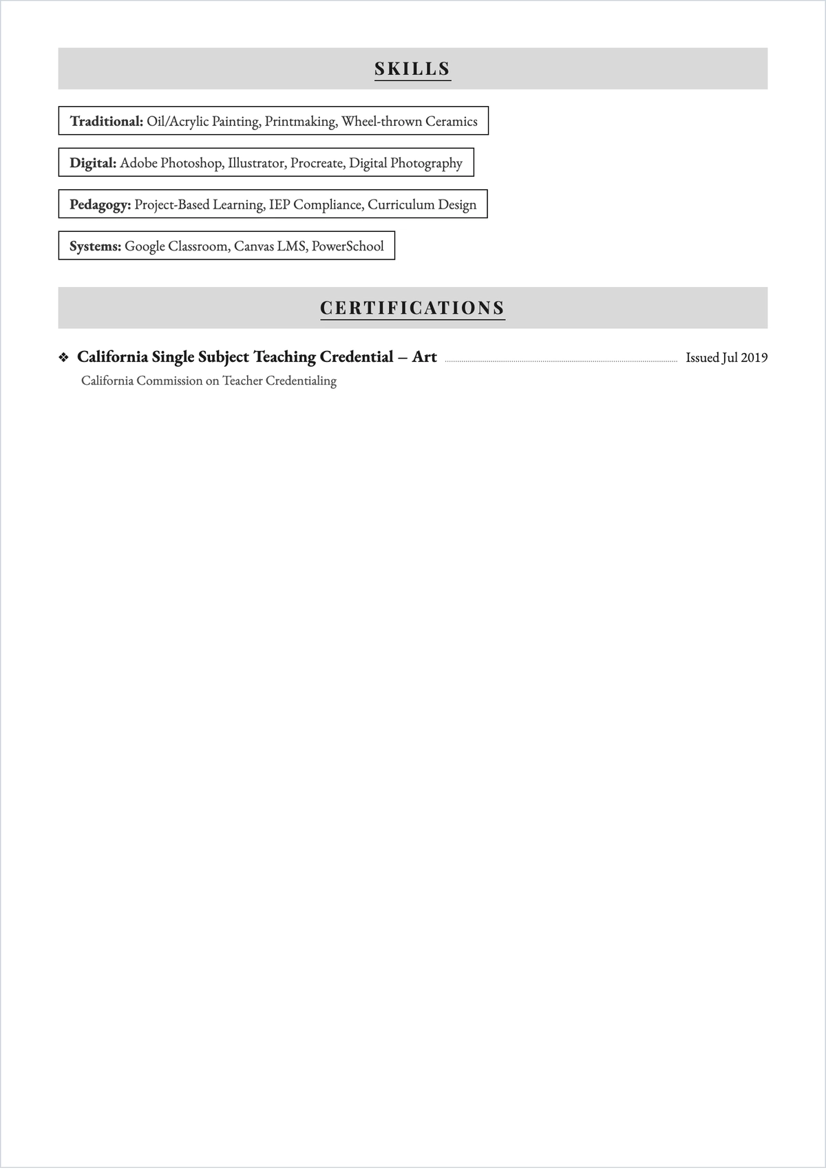 Free Art Teacher ATS Resume Template, AI Resume Builder