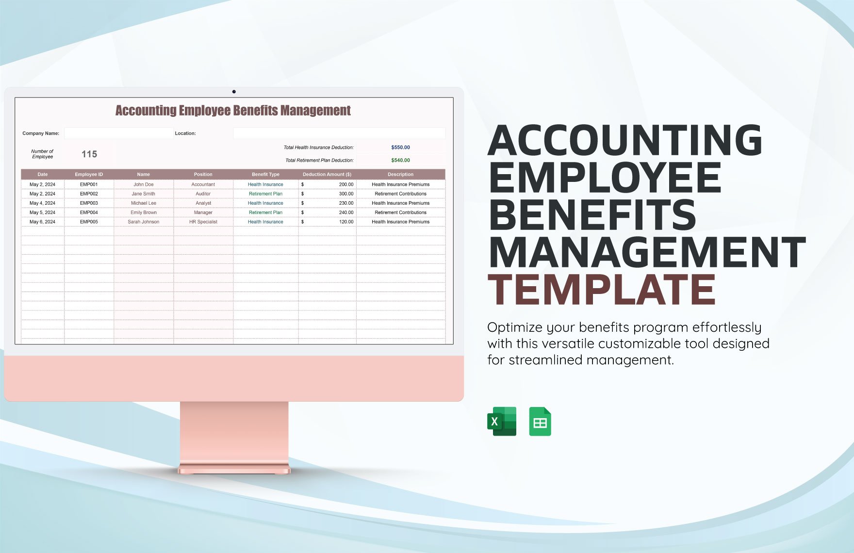 Accounting Employee Benefits Management Template in Excel, Google Sheets