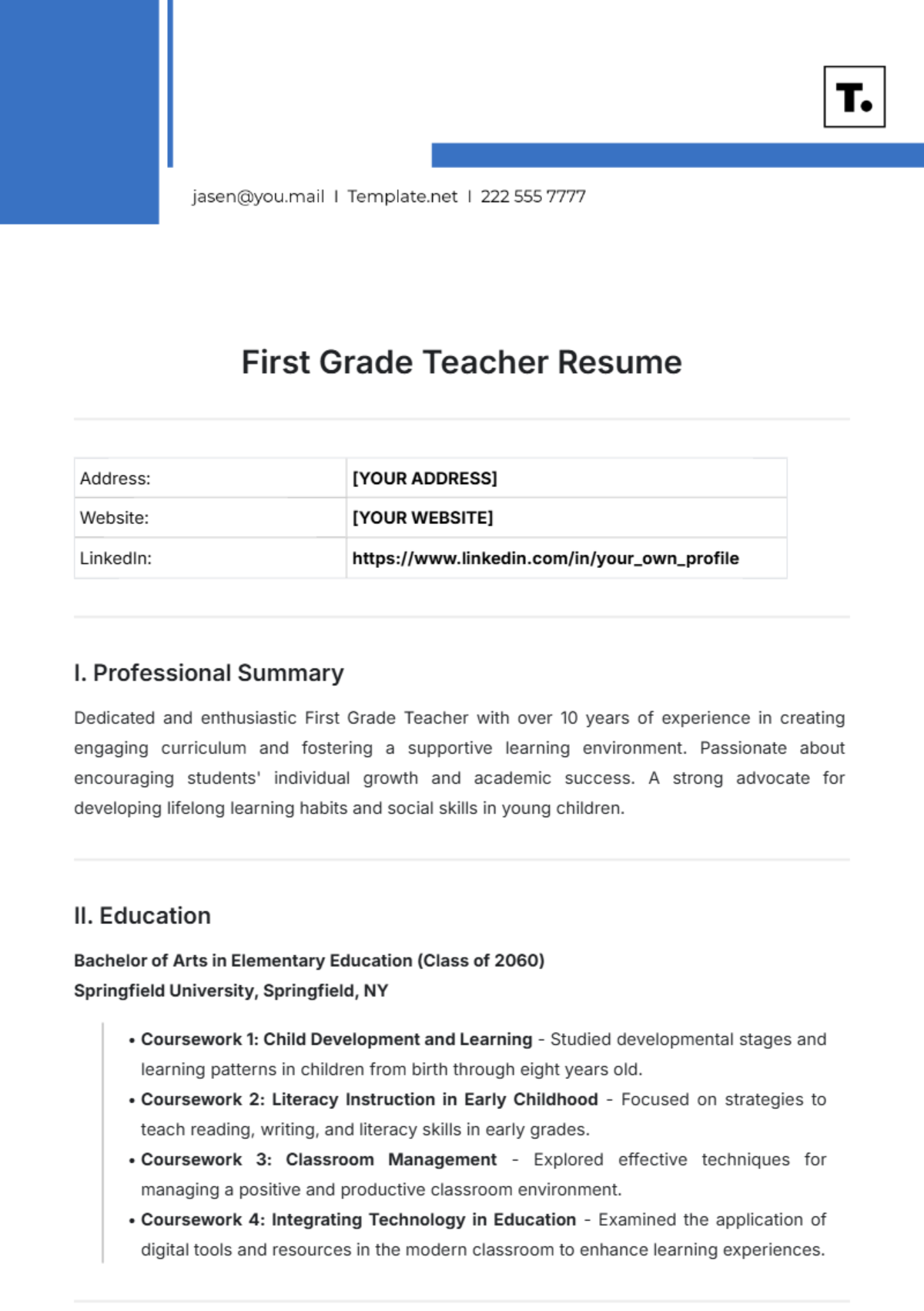 First Grade Teacher Resume Template - Edit Online & Download