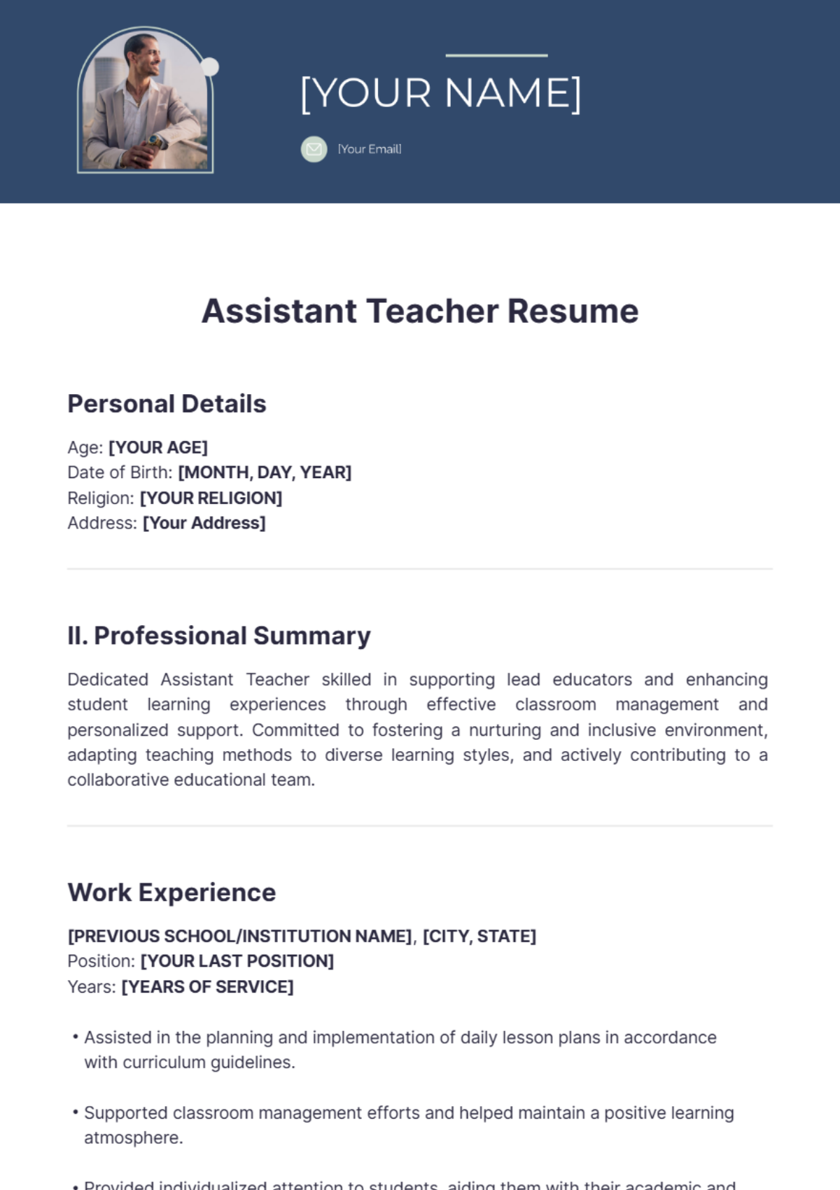 Assistant Teacher Resume - Edit Online & Download Example | Template.net