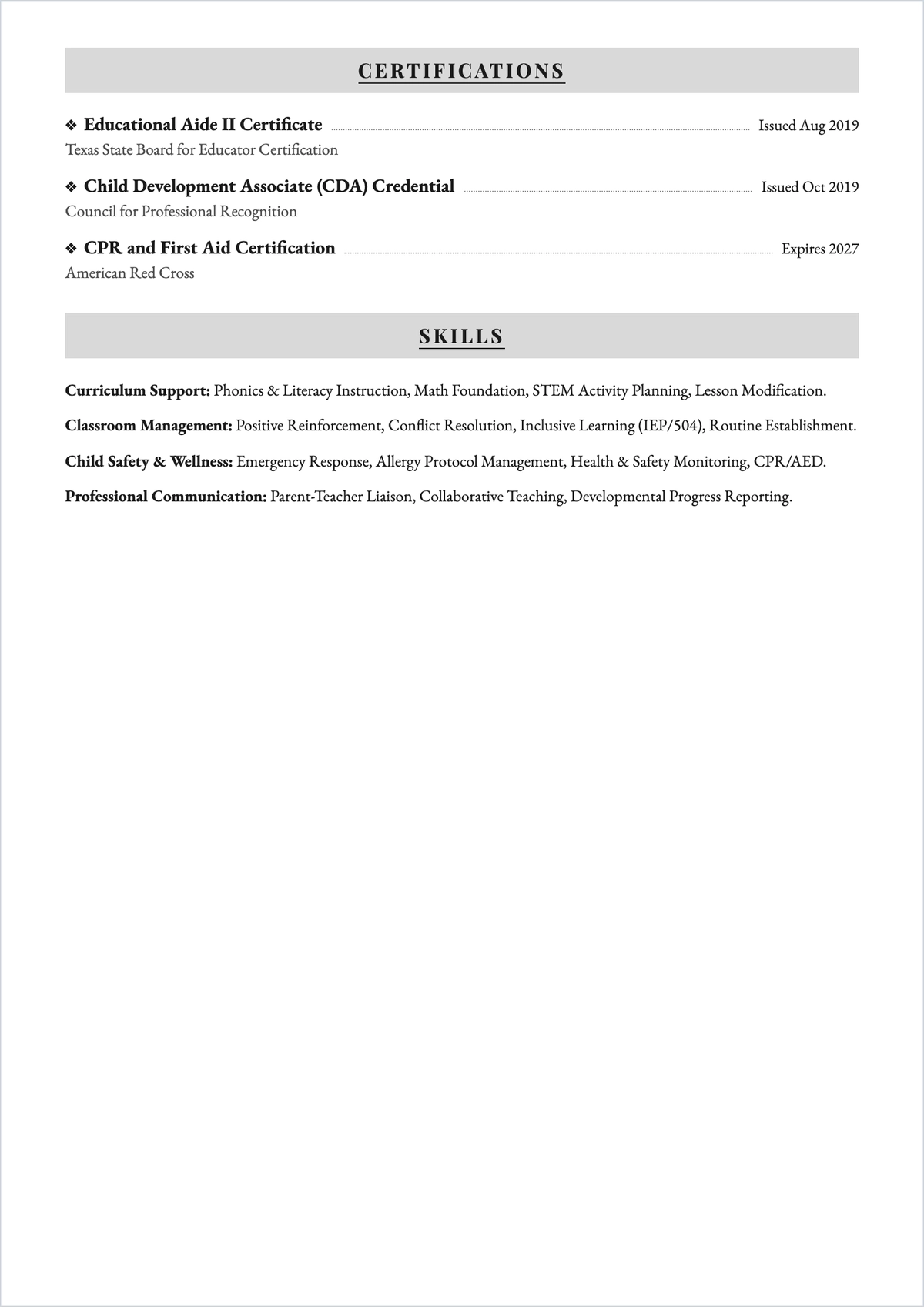 Free Assistant Teacher ATS Resume Template, AI Resume Builder