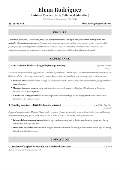 Free Assistant Teacher ATS Resume Template, AI Resume Builder