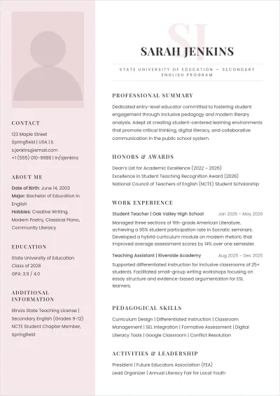 Free Beginner Teacher ATS Resume Template, AI Resume Builder