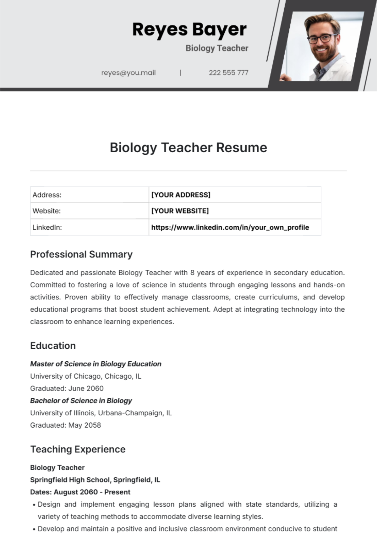 Biology Teacher Resume Template - Edit Online & Download