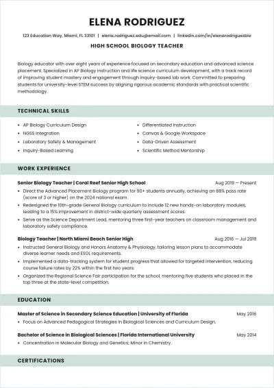 Free Biology Teacher ATS Resume Template, AI Resume Builder