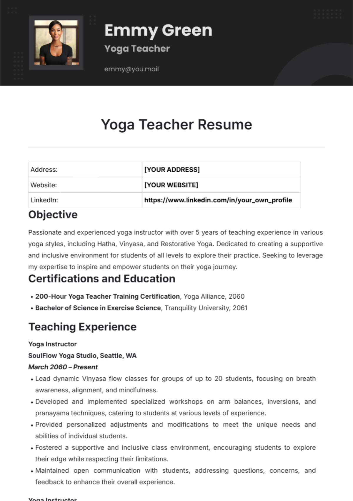 Yoga Teacher Resume Template - Edit Online & Download