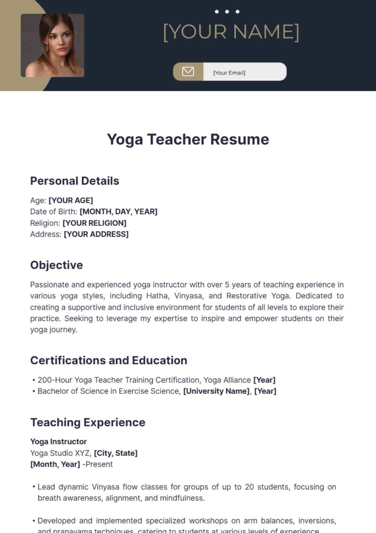 Yoga Teacher Resume - Edit Online & Download Example | Template.net