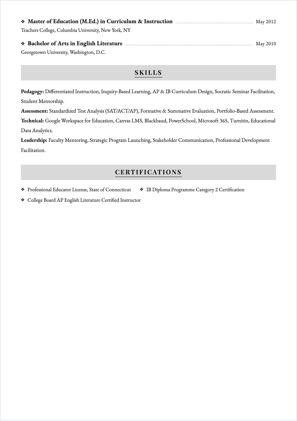 Free Private School Teacher ATS Resume Template, AI Resume Builder