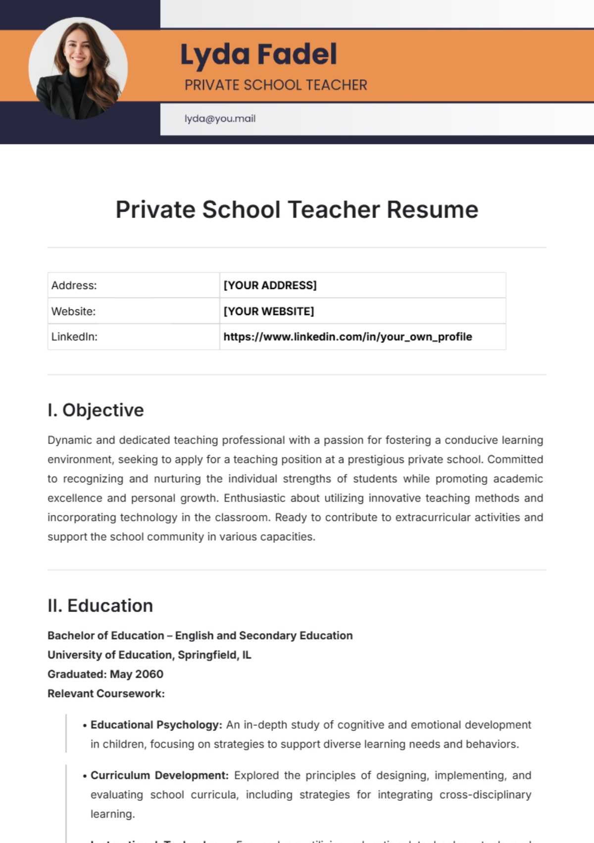 Private School Teacher Resume Template - Edit Online & Download