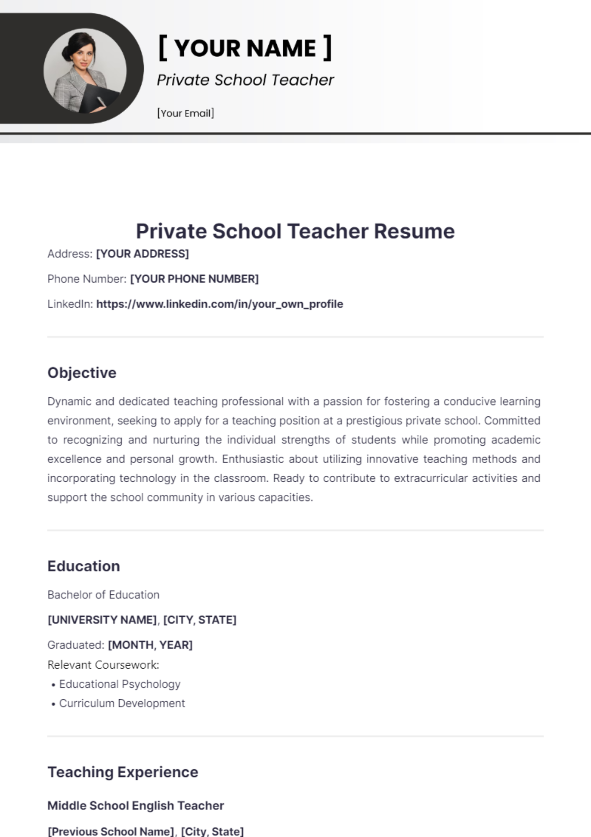 Private School Teacher Resume - Edit Online & Download