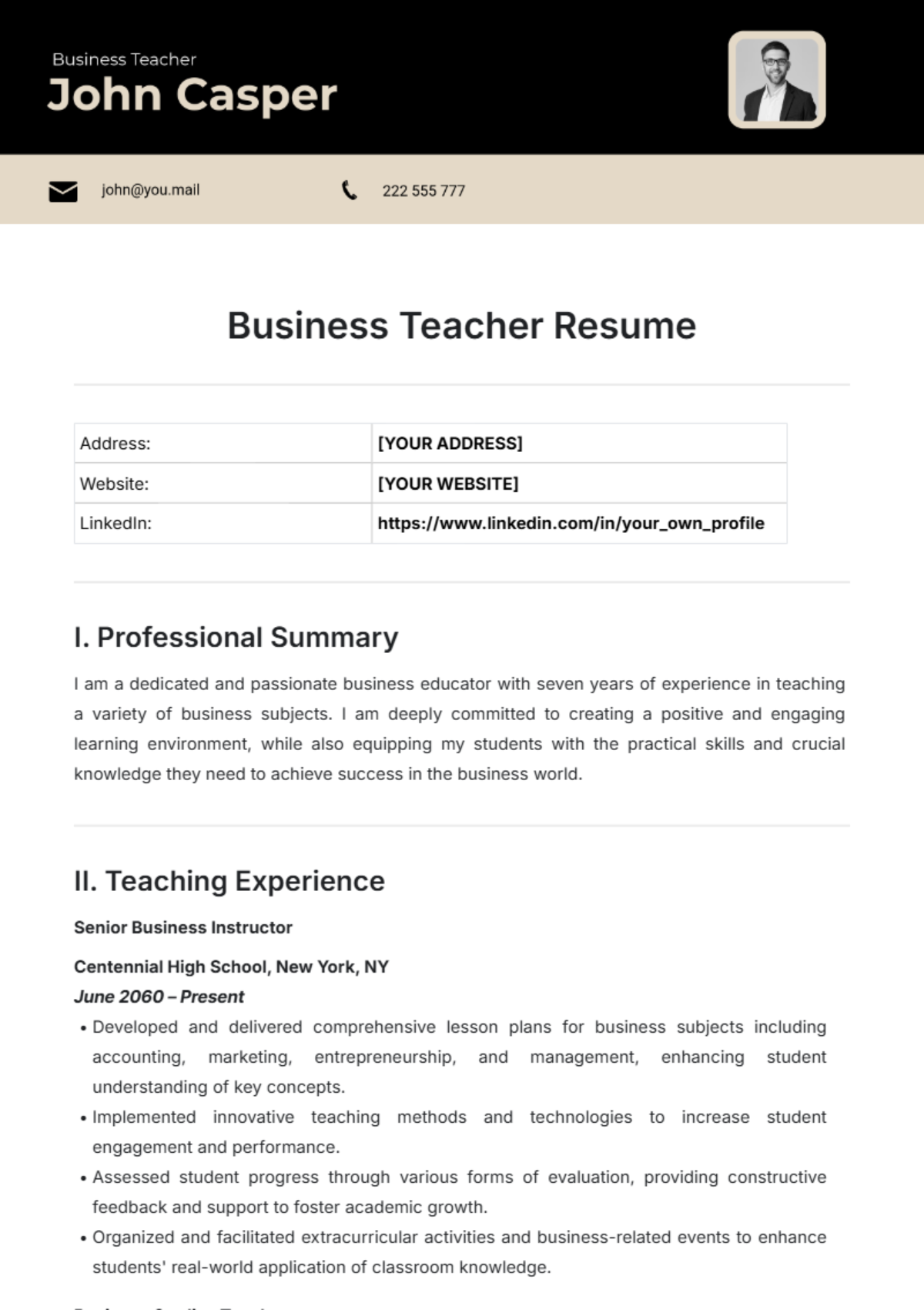 Business Teacher Resume Template - Edit Online & Download