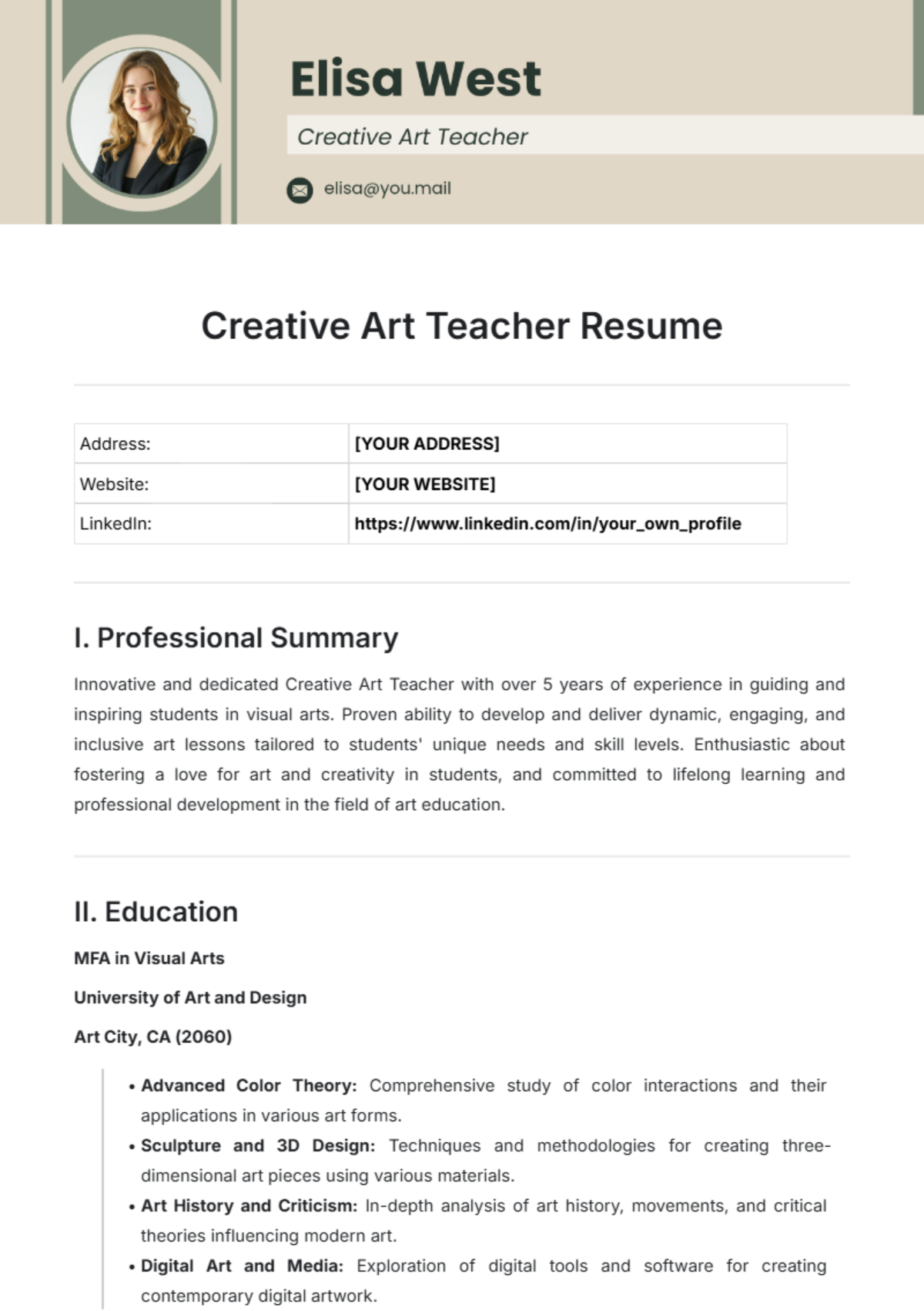 Creative Art Teacher Resume Template - Edit Online & Download