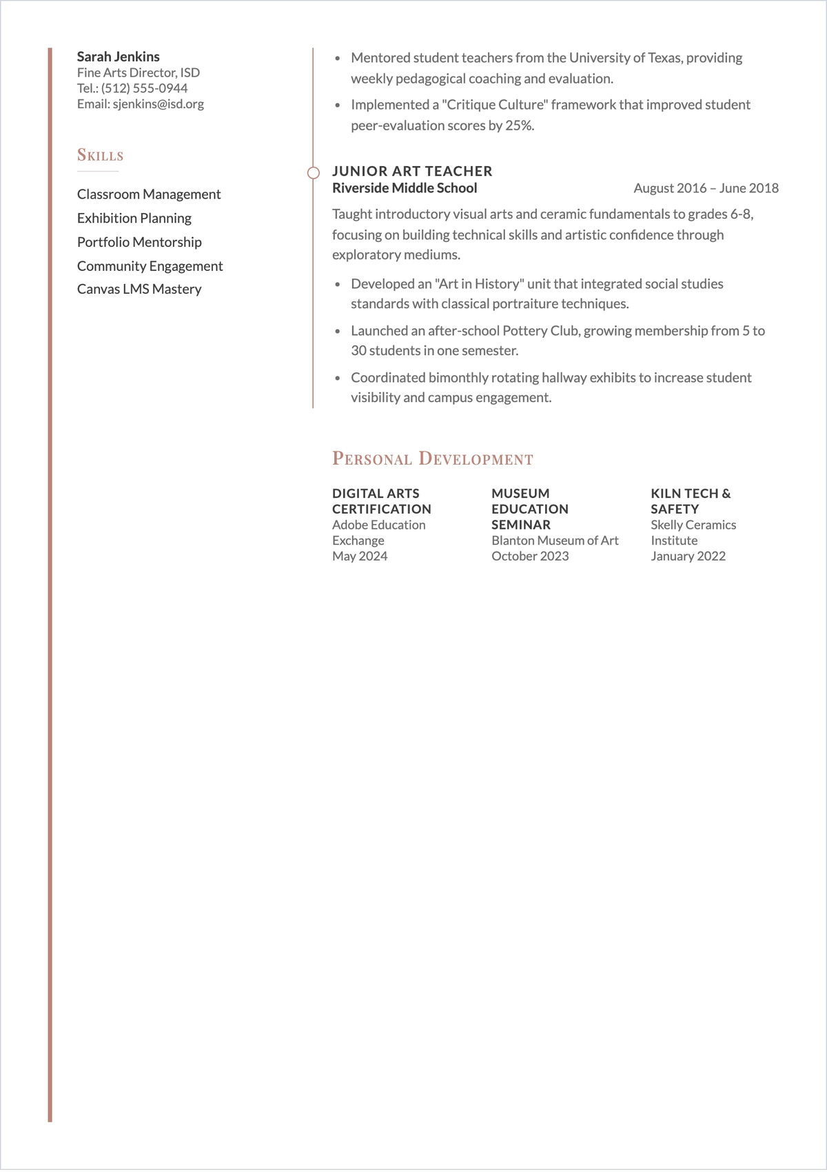 Free Creative Art Teacher ATS Resume Template, AI Resume Builder
