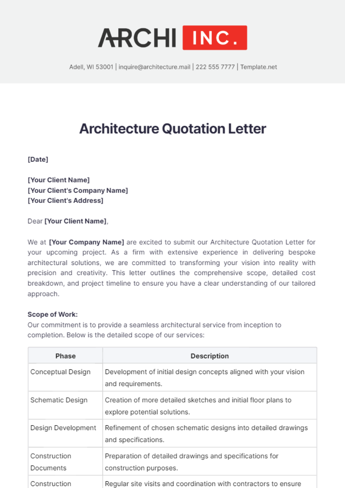 Architecture Quotation Letter Template - Edit Online & Download