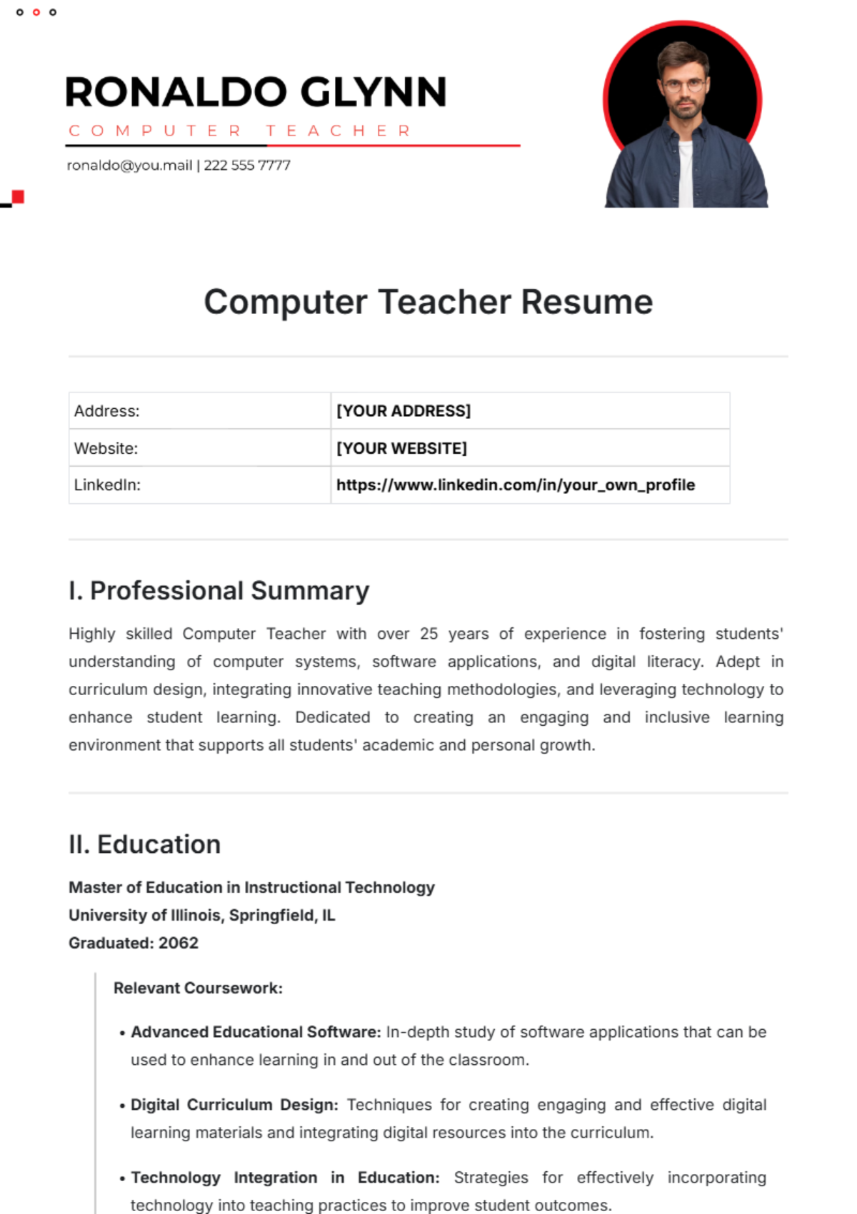 Computer Teacher Resume Template - Edit Online & Download