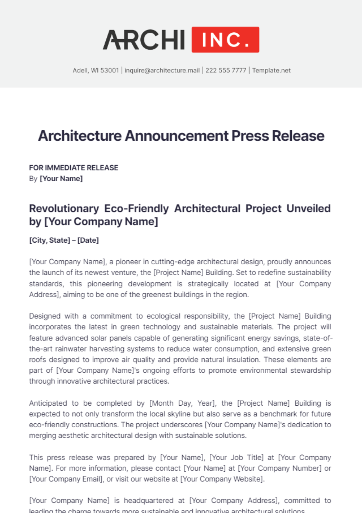 Architecture Announcement Press Release Template - Edit Online & Download