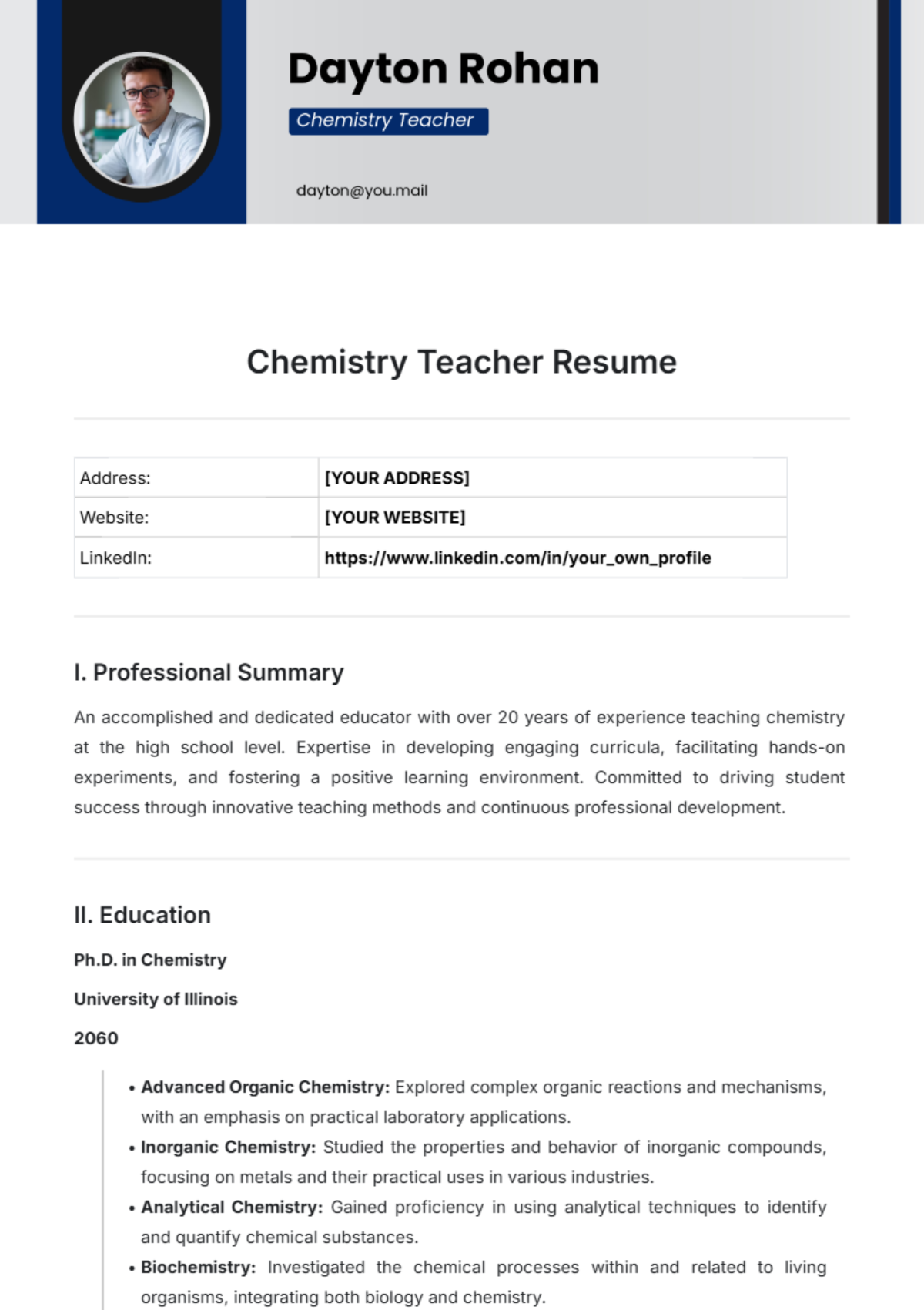 Chemistry Teacher Resume Template - Edit Online & Download