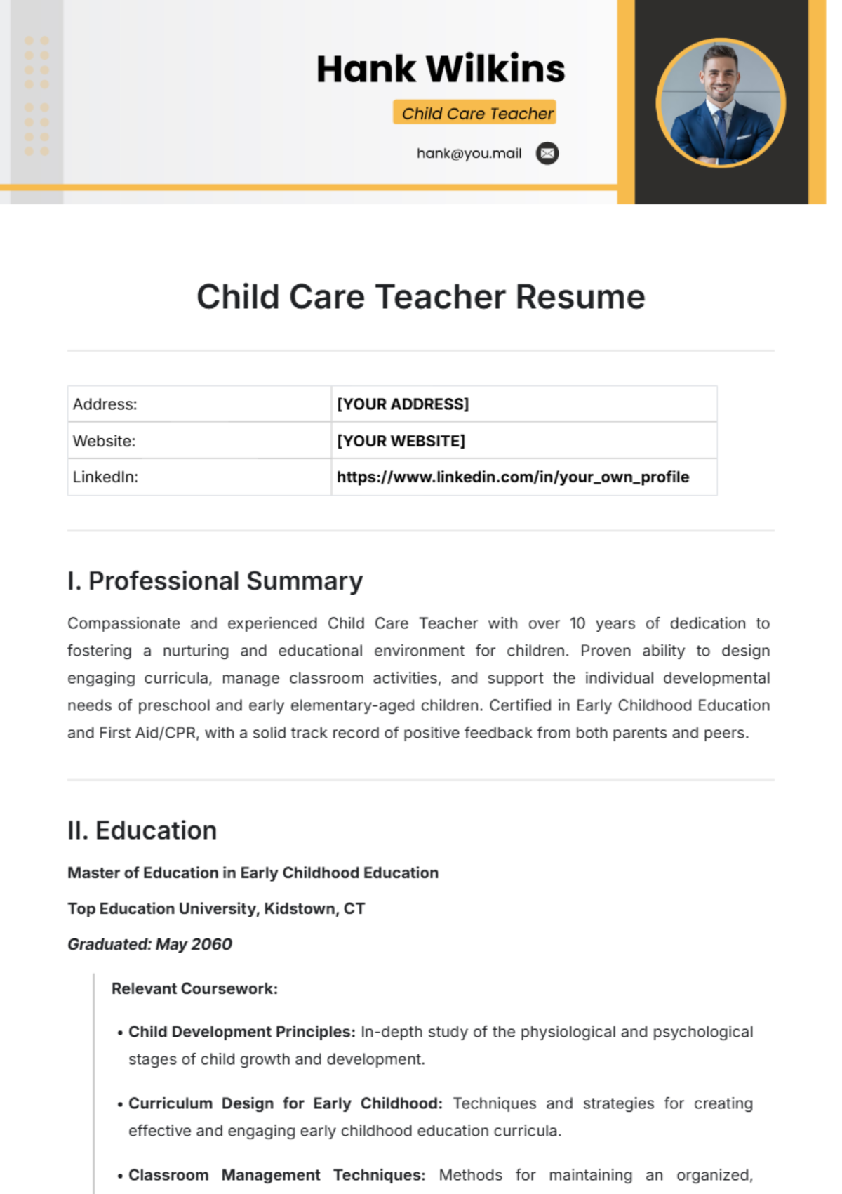 Child Care Teacher Resume Template - Edit Online & Download