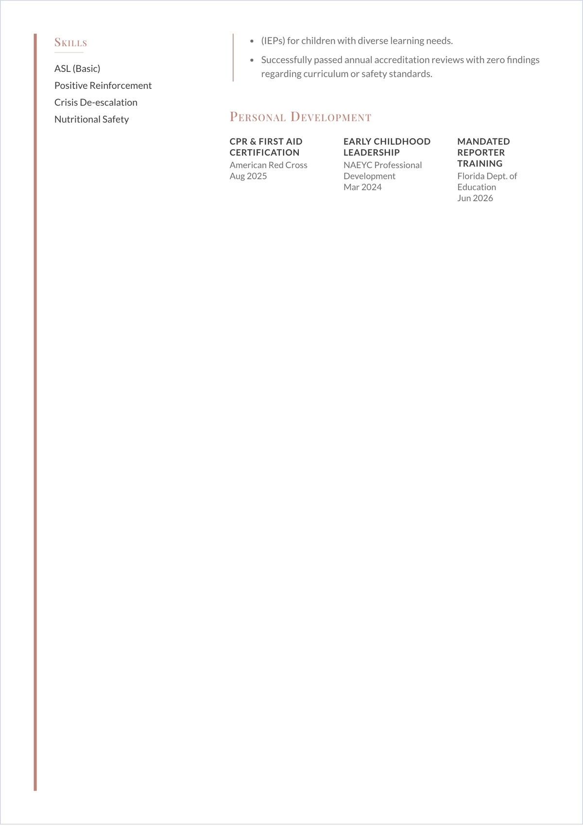 Free Child Care Teacher ATS Resume Template, AI Resume Builder
