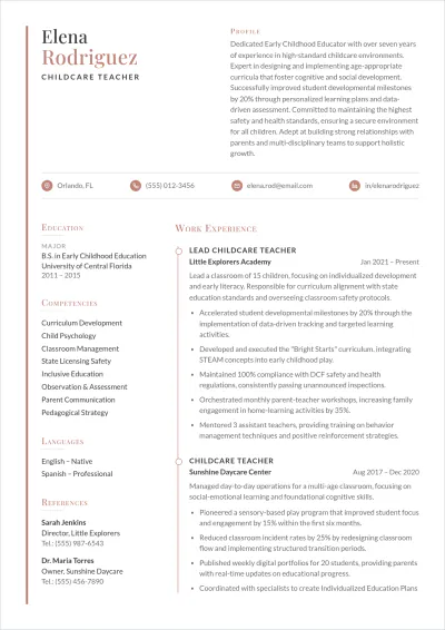 Free Child Care Teacher ATS Resume Template, AI Resume Builder