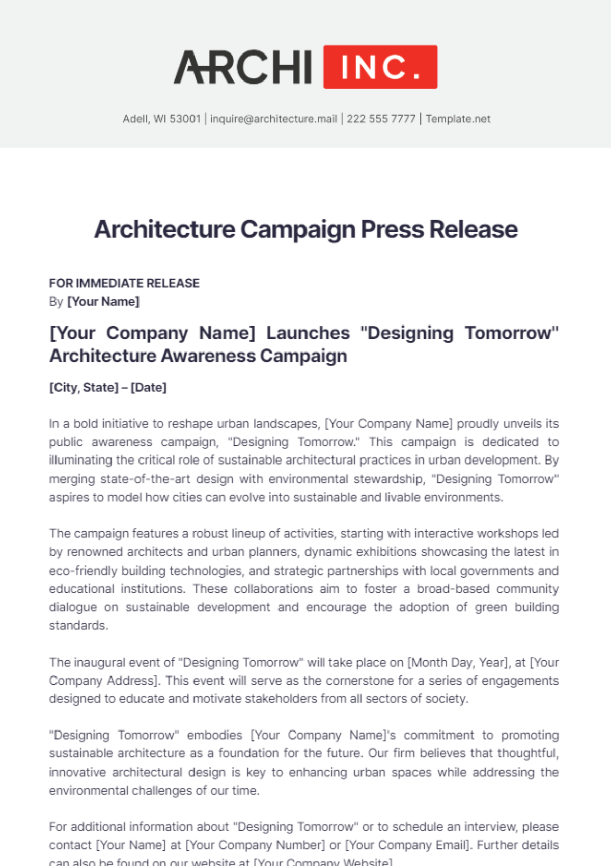 Architecture Campaign Press Release Template - Edit Online & Download