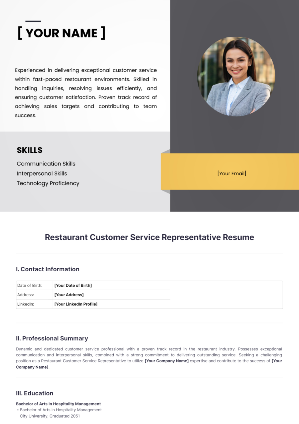 Restaurant Customer Service Representative Resume - Edit Online & Download