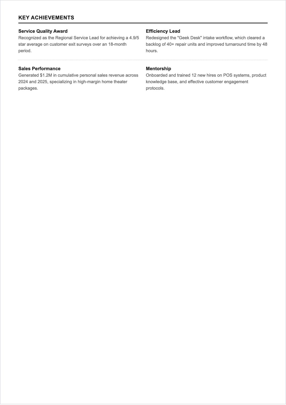 Free Retail Customer Service Representative ATS Resume Template