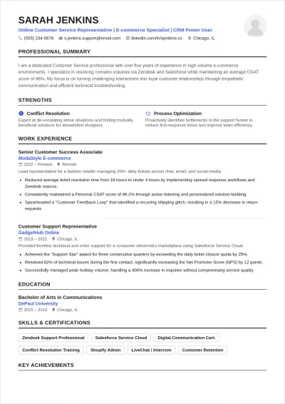 Free Online Customer Service Representative ATS Resume Template