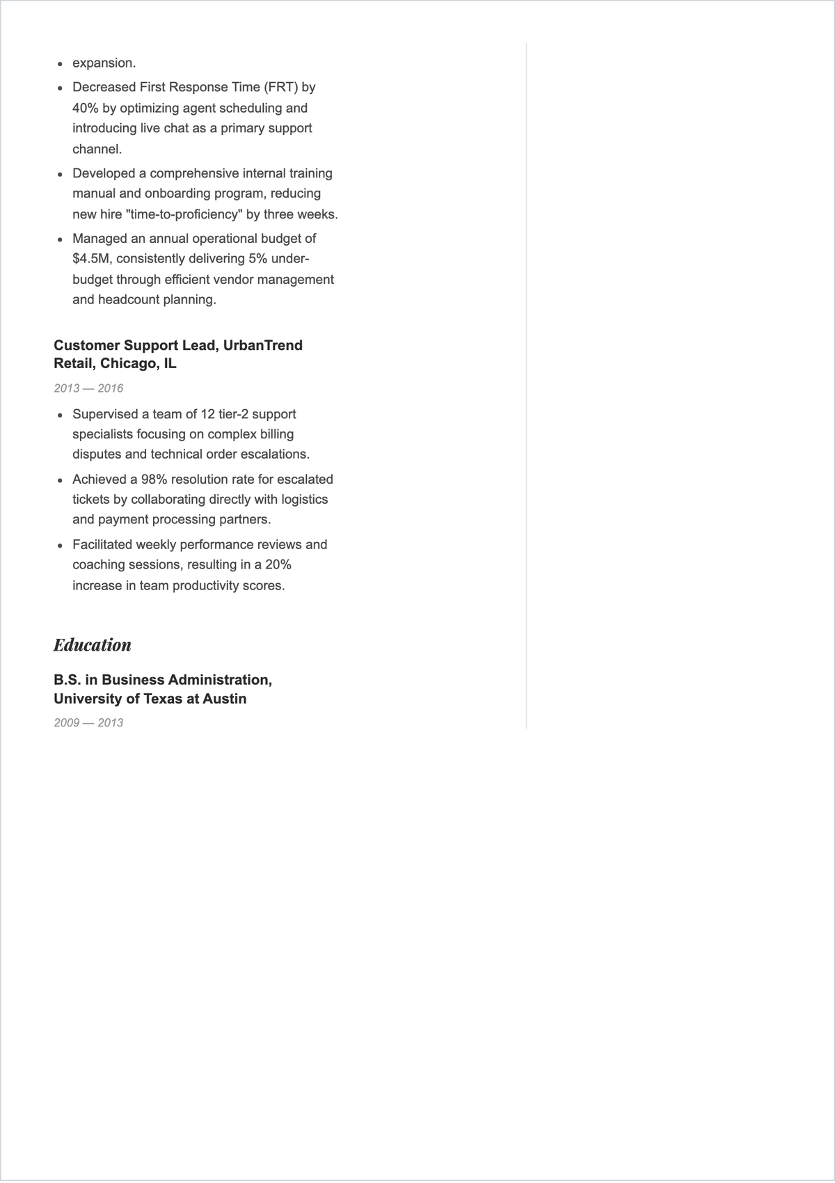 Free Supervisor Customer Service Manager ATS Resume Template