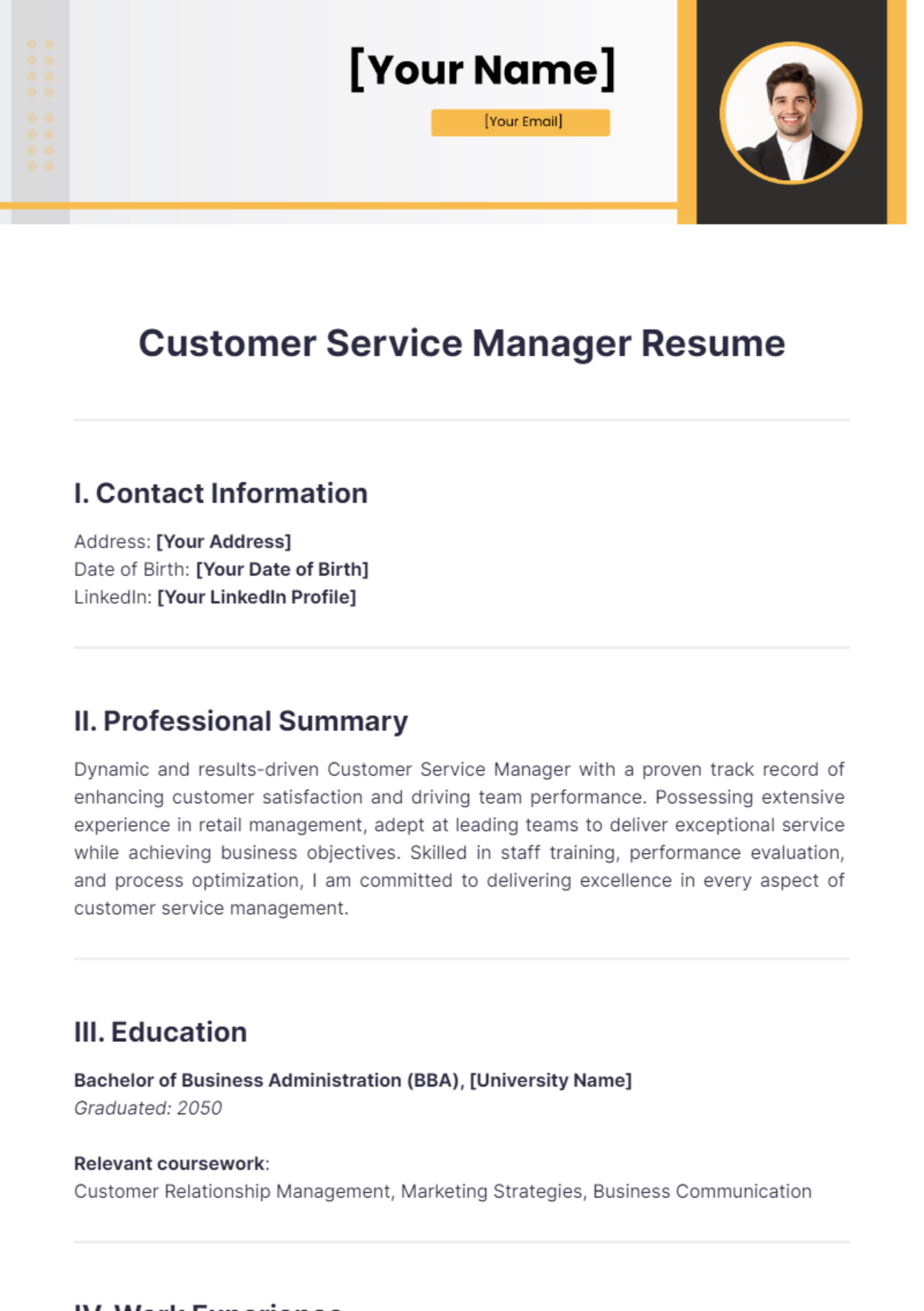 Customer Service Manager Resume - Edit Online & Download