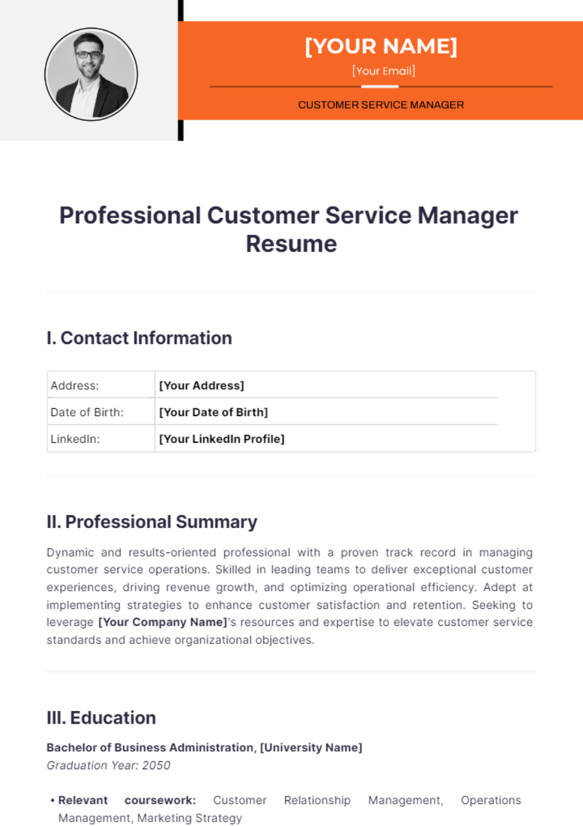 Professional Customer Service Manager Resume - Edit Online & Download