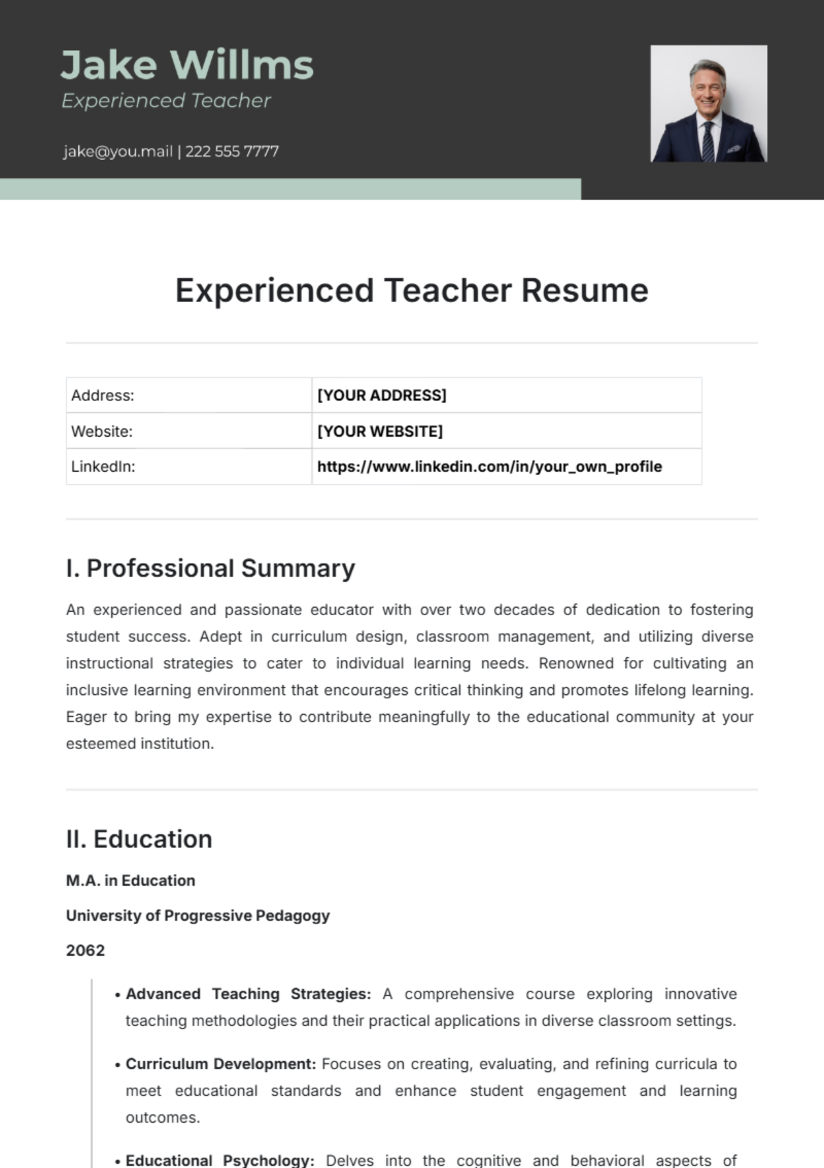 Experienced Teacher Resume Template - Edit Online & Download