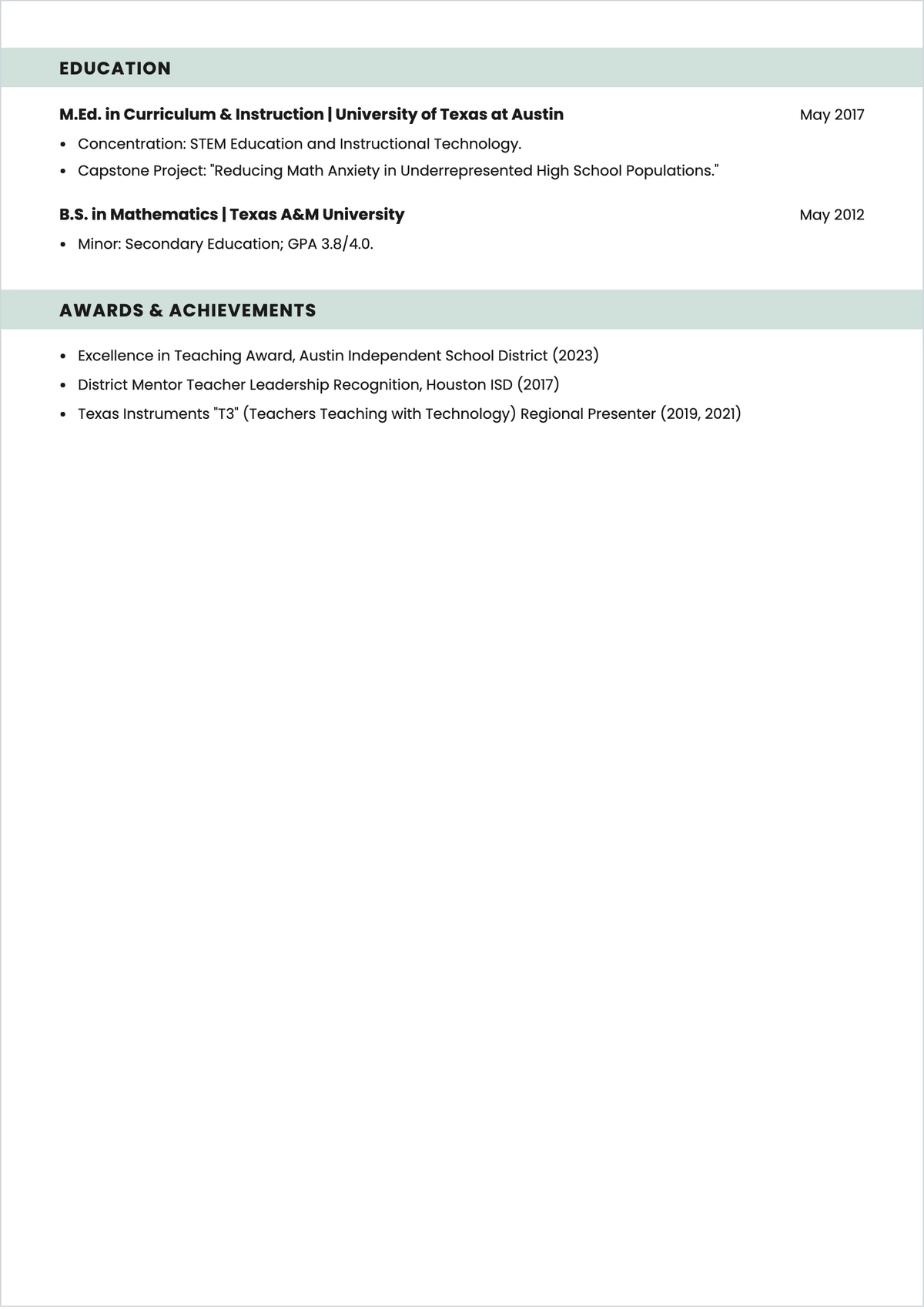 Free Experienced Teacher ATS Resume Template, AI Resume Builder