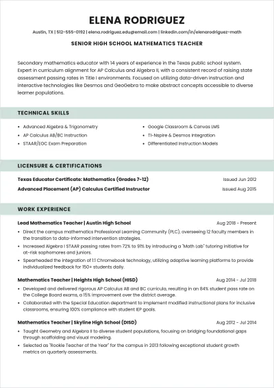Free Experienced Teacher ATS Resume Template, AI Resume Builder