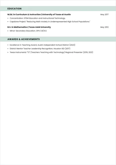 Free Experienced Teacher ATS Resume Template, AI Resume Builder