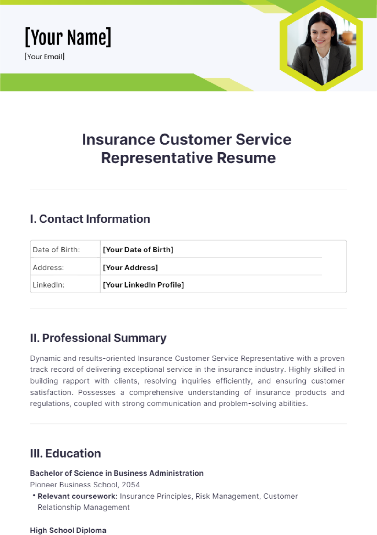 Insurance Customer Service Representative Resume - Edit Online & Download