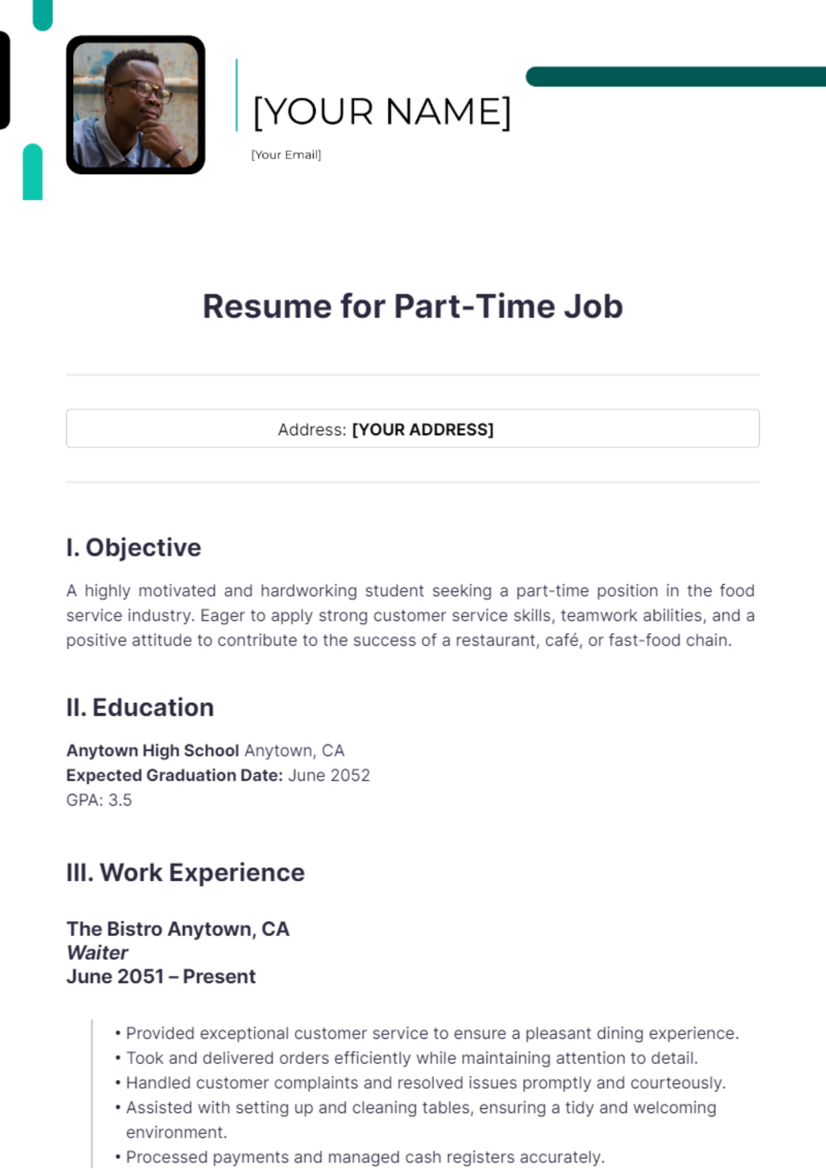 Student Resume For Part Time Job