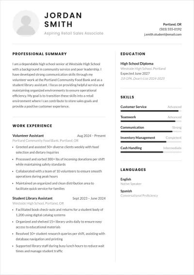 Free Student ATS Resume For Part Time Job Template, AI Resume Builder