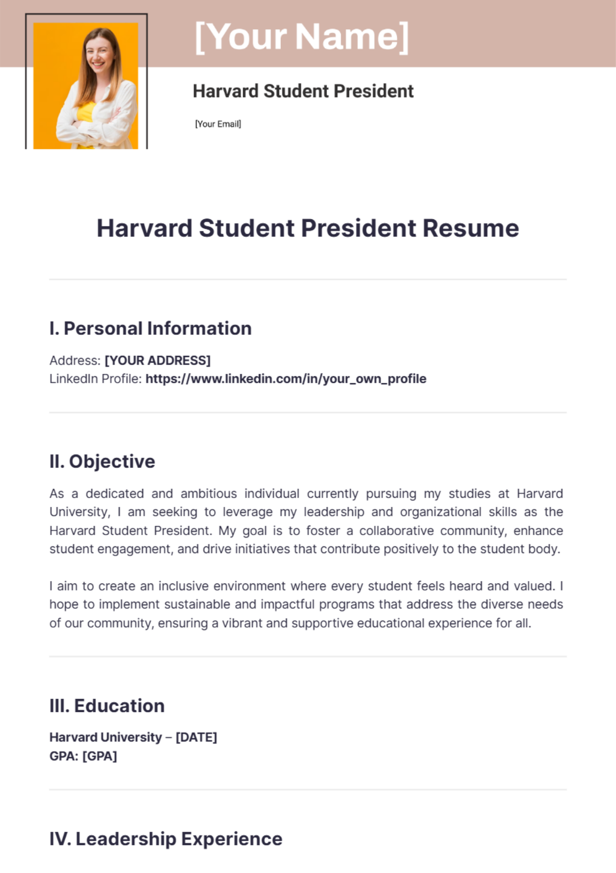 Harvard Student President Resume - Edit Online & Download