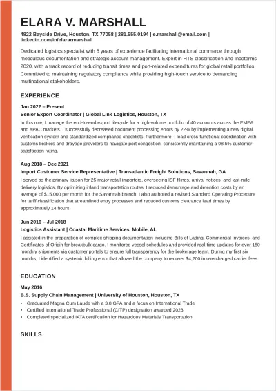 Free Import Export Customer Service Representative ATS Resume Template