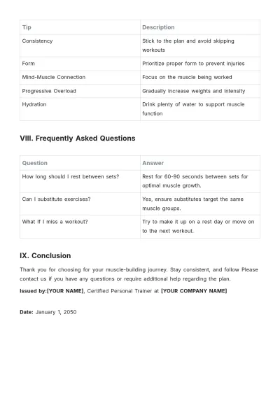 Free Muscle Building Workout Plan Template to Edit Online