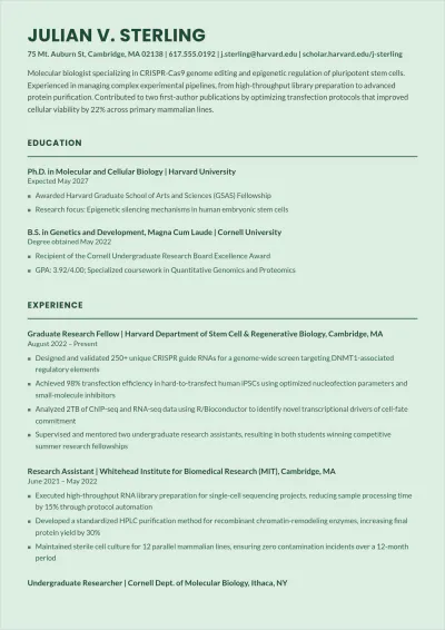 Free Harvard Research Student ATS Resume Template, AI Resume Builder