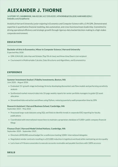 Free Student ATS Resume For Internship Template, AI Resume Builder